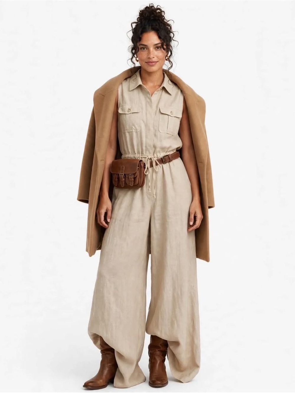 Zara Beige Wide-Leg Linen Utility Jumpsuit